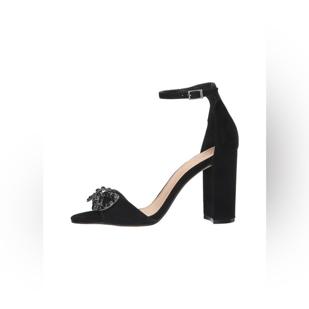 Jewel Badgley Mischka Milagross Black Suede Bow Ankle Strap Sandals Size 7.5 LNC